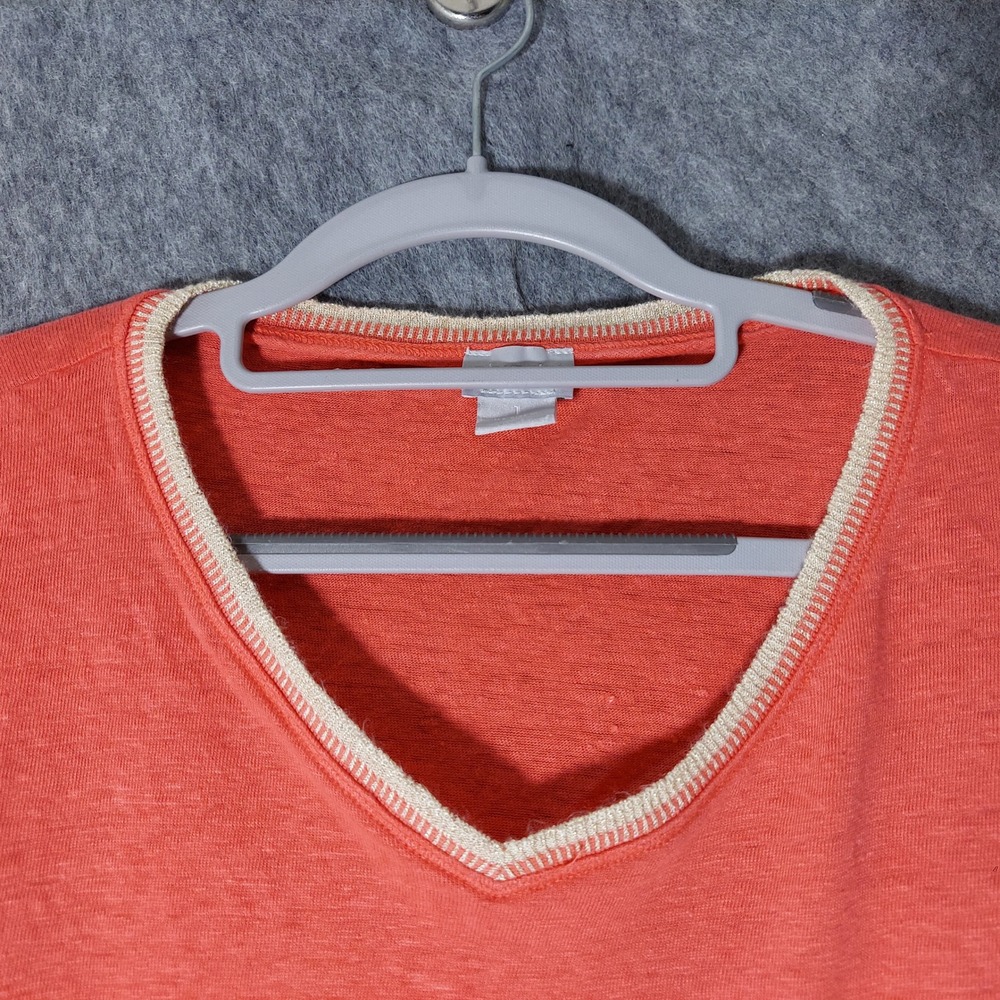 Chicos Women 100% Linen Top 1 M Pink Coastal MinimalistMetallic Trim Short Slve - Picture 4 of 9